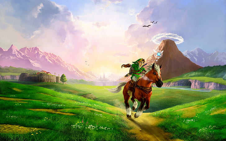 The Legend of Zelda: Ocarina of Time, wizard in green hooded shirt riding a horse, HD wallpaper