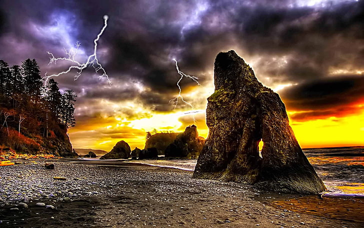 beach lightning Thunder Roar Nature Beaches HD Art, mountain