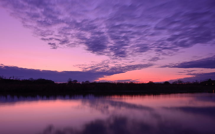 Lake water surface, trees, evening sunset, purple sky, clouds