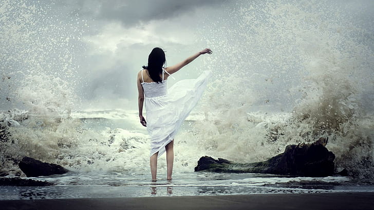 Girl, beautiful, white skirt, back, beach, waves, beautiful mood, HD wallpaper