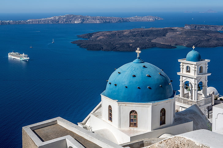 Santorini, Greece, sea, Islands, Church, liner, the dome, the bell tower, HD wallpaper