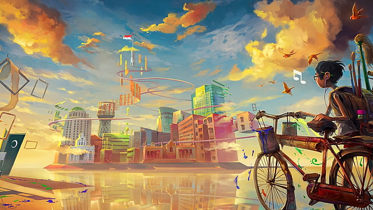 brown bicycle illustration, fantasy art, anime, anime boys, cityscape, HD wallpaper