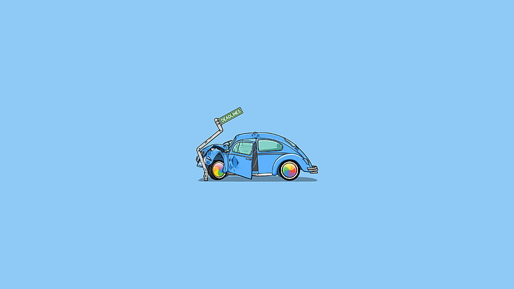 blue 5-door hatchback illustration, blue background, crash, Volkswagen Beetle, HD wallpaper