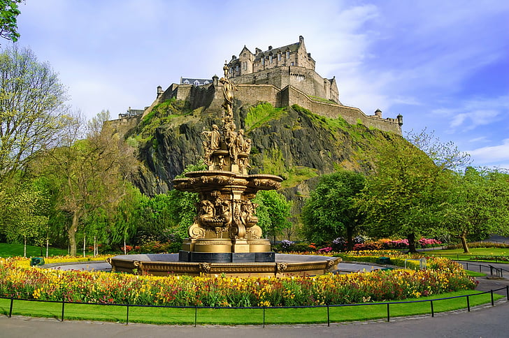 castle, cities, edinburgh, fountain, ross, scotland, statue