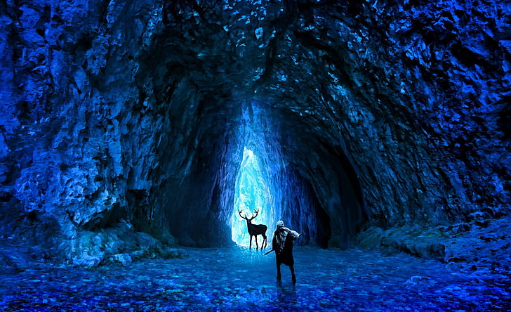 man and deer cli part, cold, ice, weapons, people, cave, romance of the Apocalypse
