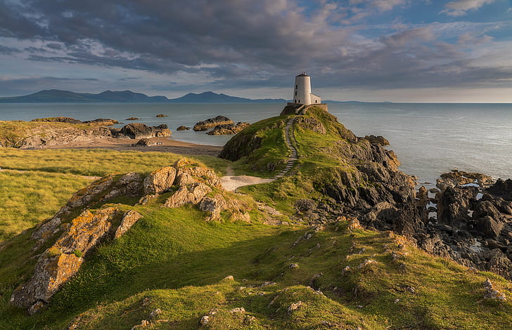 white lighthouse, Golden, Llanddwyn Island, Anglesey, Ynys Llanddwyn, HD wallpaper