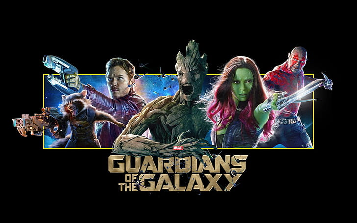 guardians of the galaxy, vin diesel, groot, zoe saldana, gamora, dave bautista, bradley cooper, rocket, raccoon, marvel guardians of the galaxy poster, HD wallpaper