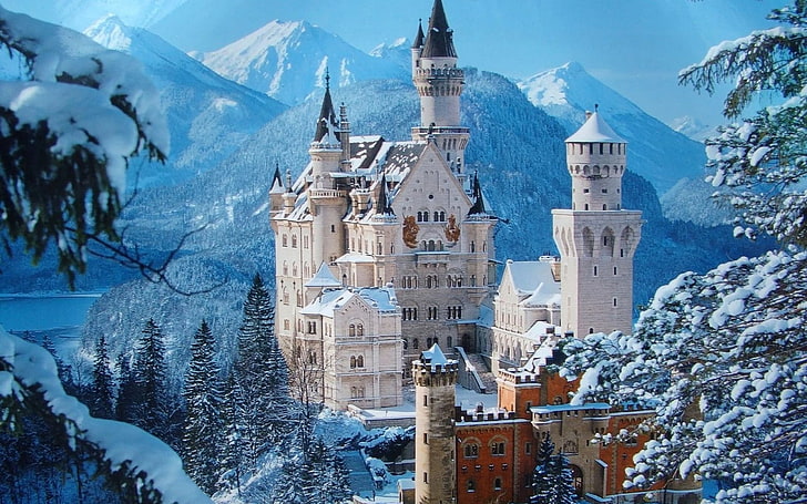 white castle, snow, mountains, winter, pretty, outdoors, cold - Temperature, HD wallpaper