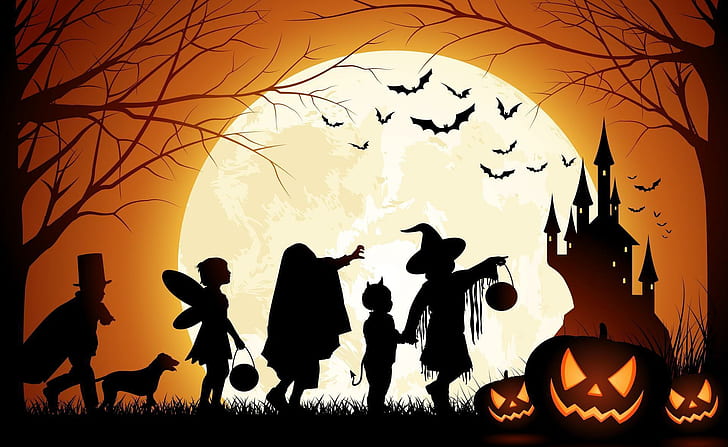 halloween, holiday, people, moon, pumpkins, trees, birds, halloween illustration, HD wallpaper