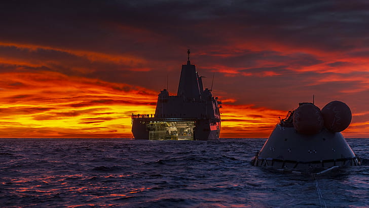 Orion Space Capsule, Pacific Ocean, sea, nature, ship, sunset, HD wallpaper