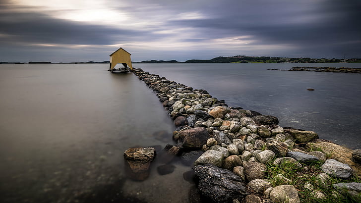 photo of gray stone dock with brown wooden shed during cloudy daytime, stavanger, norway, stavanger, norway, HD wallpaper