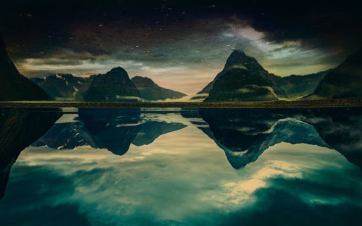water, sky, reflection, fjord, dark, nature, New Zealand, landscape