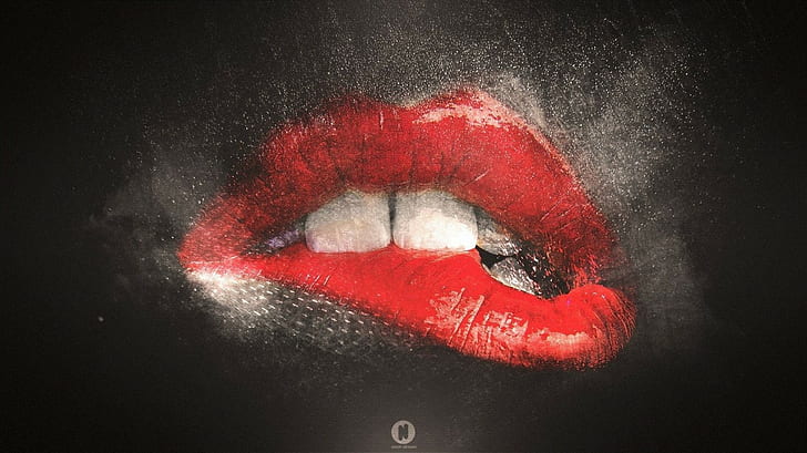 red lipstick, teeth, mouth, artwork, biting lip