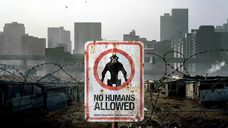 District 9 movie clips, movies, aliens, people, typography, warning signs