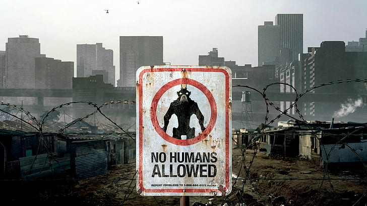 sign, barbed wire, District 9, building, movies, warning signs, HD wallpaper