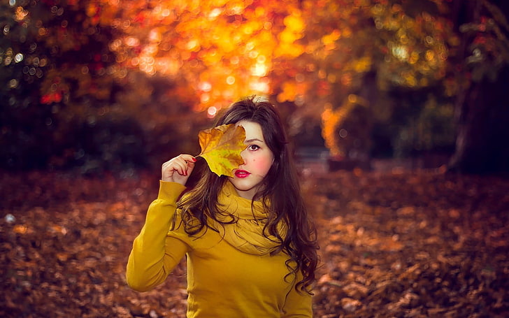 women's gold sweatshirt, seasons, women outdoors, leaves, fall