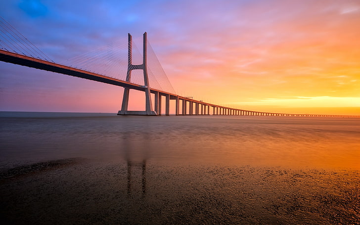 Portugal Lisbon Abril Cross Sea Bridge Sunset, water, bridge - man made structure, HD wallpaper