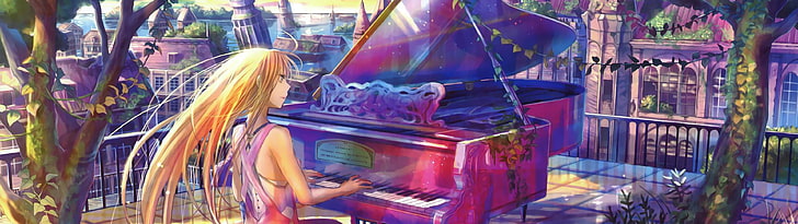 pink and purple grand piano, anime girls, dress, long hair, yellow hair, HD wallpaper