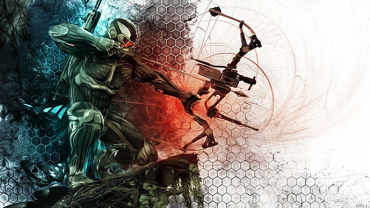 character holding black compound bow digital wallpaper, Crysis