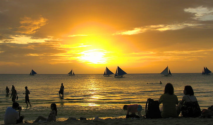 people sitting on seashore during golden hour, boracay, boracay, HD wallpaper