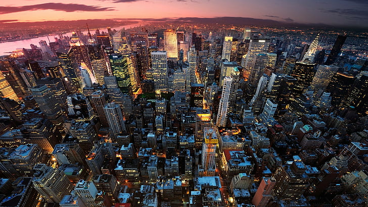 cityscape, evening, lighter, lights, building, New York City, HD wallpaper