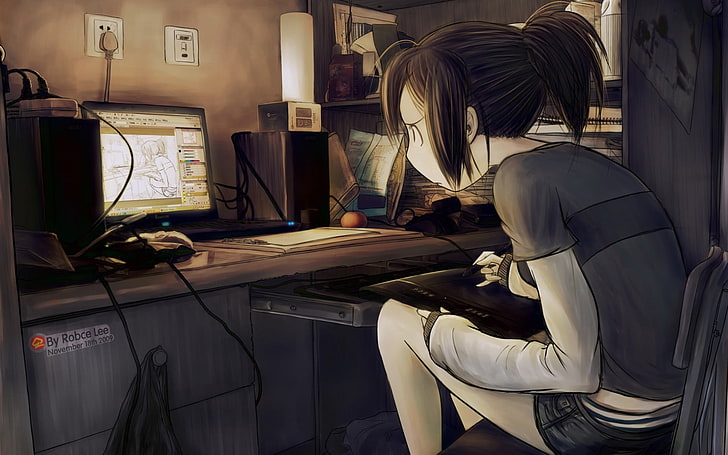 anime character sit on chair in front of computer, digital art