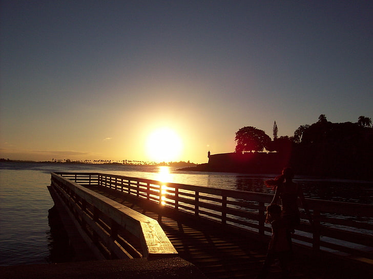 sunset, sea, pier, sky, water, nature, sunlight, tranquility, HD wallpaper