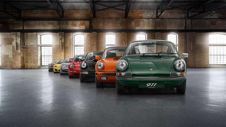 seven assorted-color cars, Porsche 911, indoors, mode of transportation