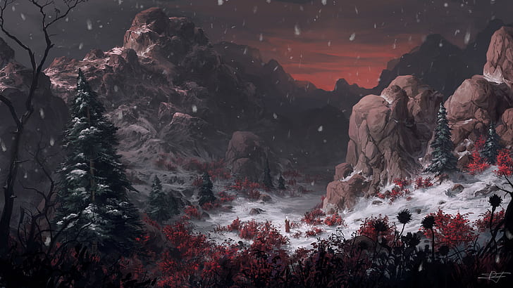 landscape, mountains, artwork, digital art, fantasy art, winter, HD wallpaper