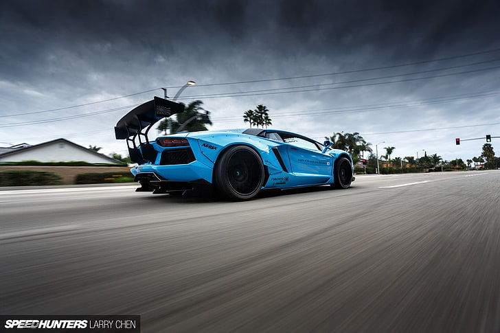 blue coupe, car, Lamborghini, Lamborghini Aventador, LB Works