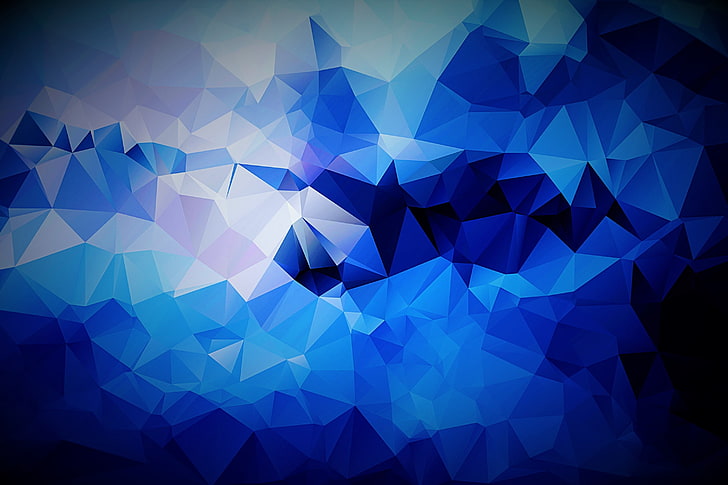 blue symmetrical digital wallpaper, abstract, dark, black, polygon art