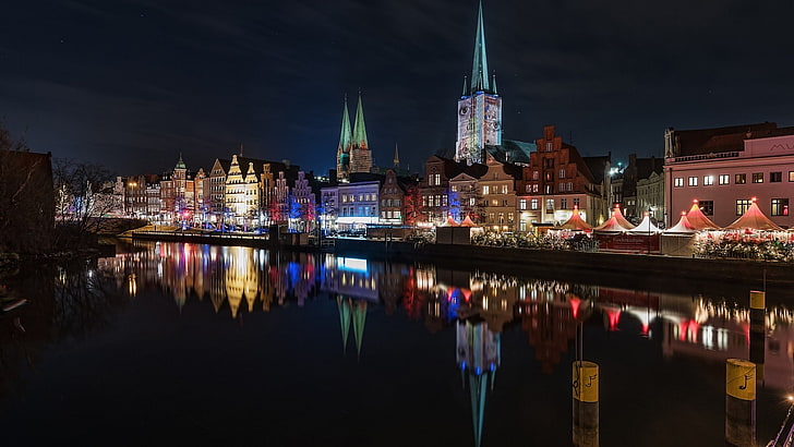 architecture, city, cityscape, building, Lübeck, Germany, river, HD wallpaper