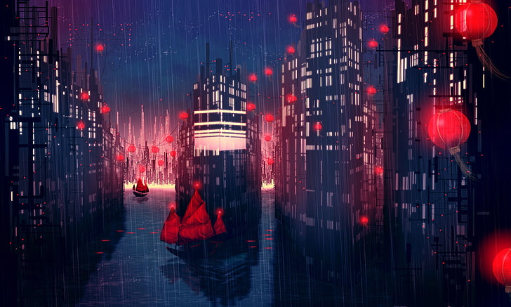 black city buildings wallpaper, sailing ship, rain, anime, lantern