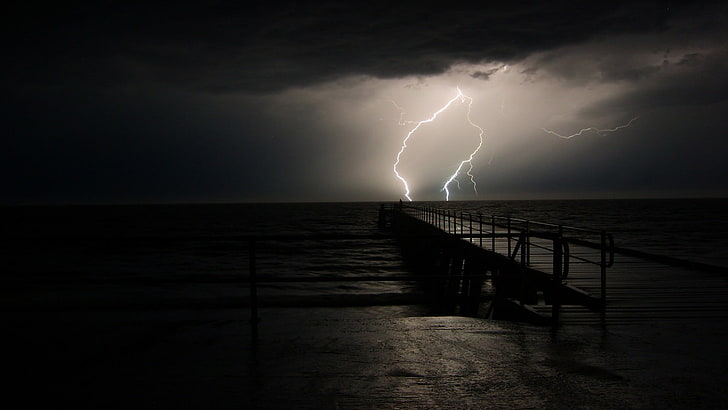 brown wooden dock, lightning, sea, sky, night, storm, pier, clouds