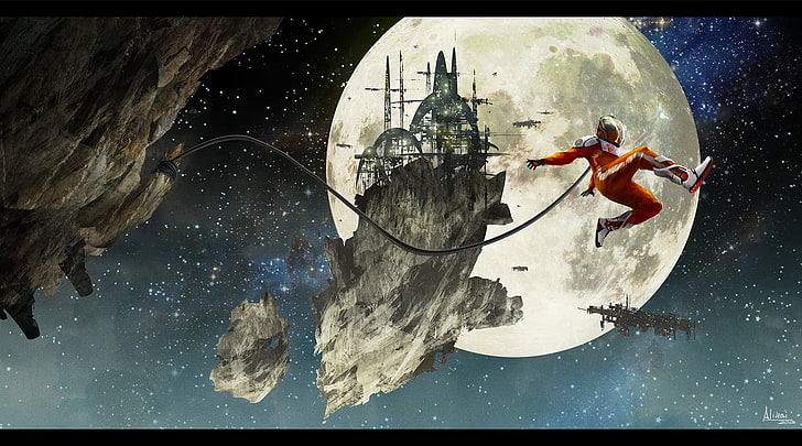 illustration of moon and castle, space, astronaut, wires, spaceship
