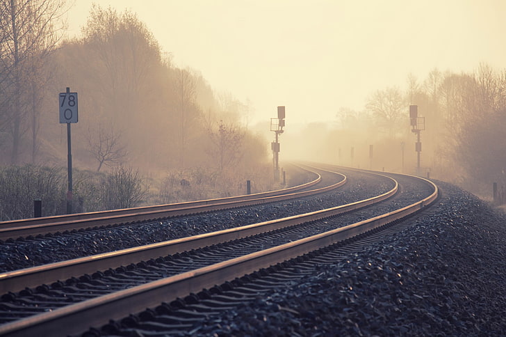 railway, landscape, railroad track, rail transportation, fog, HD wallpaper
