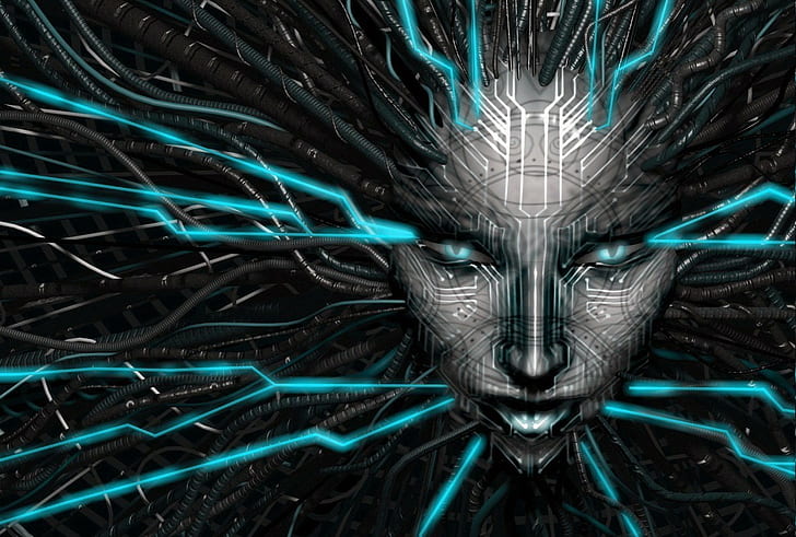 shodan face video games wires system shock 2, green color, illuminated, HD wallpaper