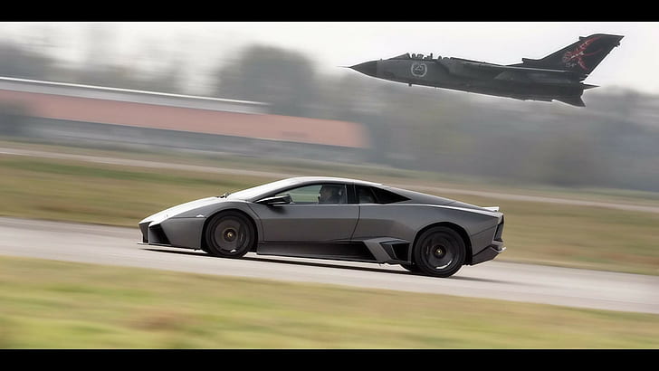 car, jet fighter, motion blur, Lamborghini Reventon, Panavia Tornado