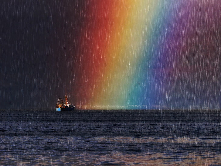 brown sailing boat painting, artwork, rainbows, sea, colorful