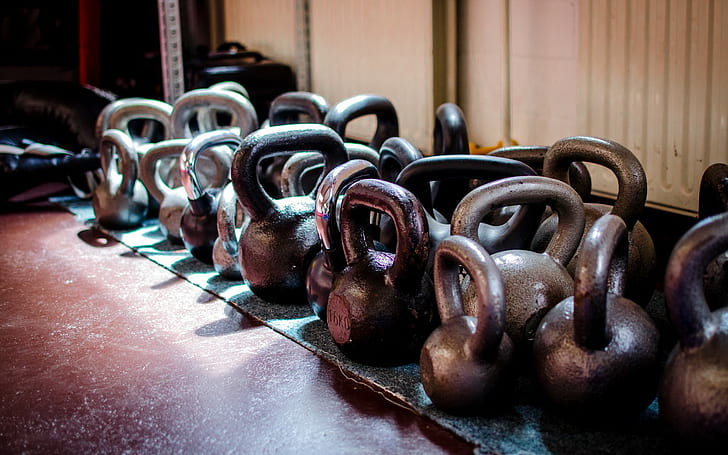 Kettlebell, Sports, Iron, Crossfit, indoors, in a row, close-up, HD wallpaper
