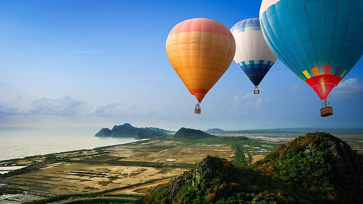 baloon, cyan, sea, water, hill, mountain, hot air balloon, landscape, HD wallpaper