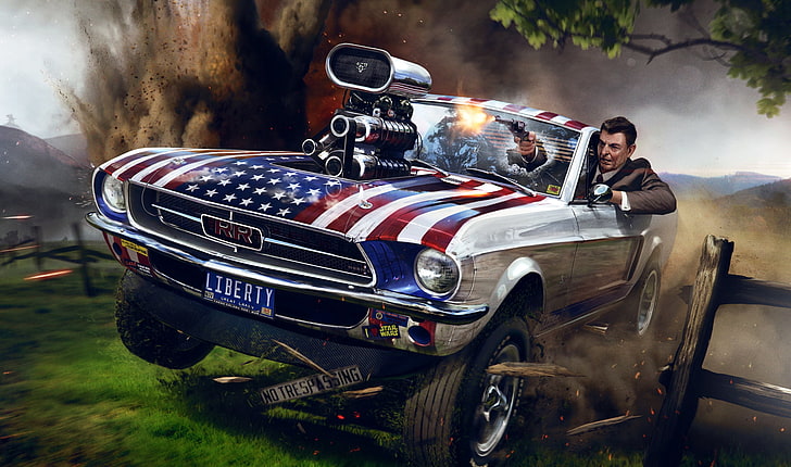 silver with USA flag-printed muscle car digital wallpaper, the explosion