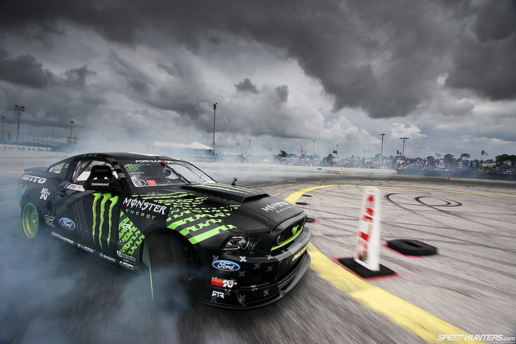 black and green Ford coupe, Monster Energy, Formula Drift, Nitto Tire Mustang RTR