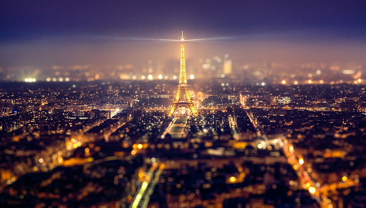 Eiffel Tower, Eiffel Tower, Paris, night, tilt shift, cityscape, HD wallpaper