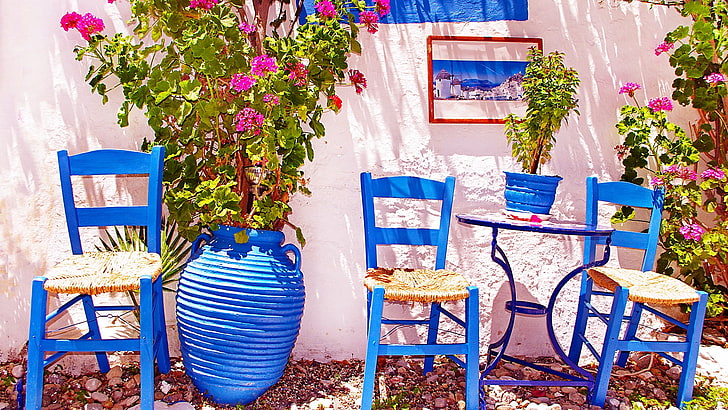 greece, home, blue, flower, majorelle blue, house, chair, floristry, HD wallpaper