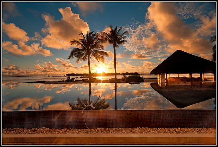 Ideal Resort, island, reflection, tree, ocean, clouds, infinity, HD wallpaper