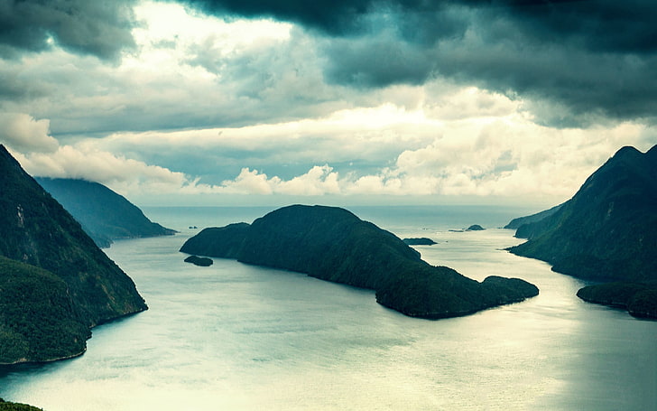 islands and white clouds, landscape, overcast, mountains, green