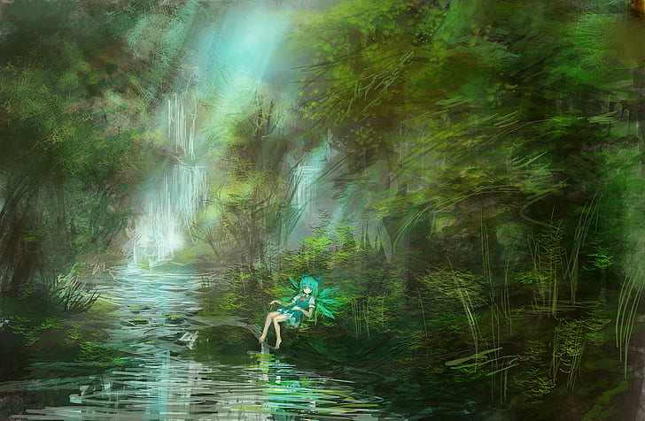 barefoot, cirno, forest, lm7, op center, touhou, tree, water