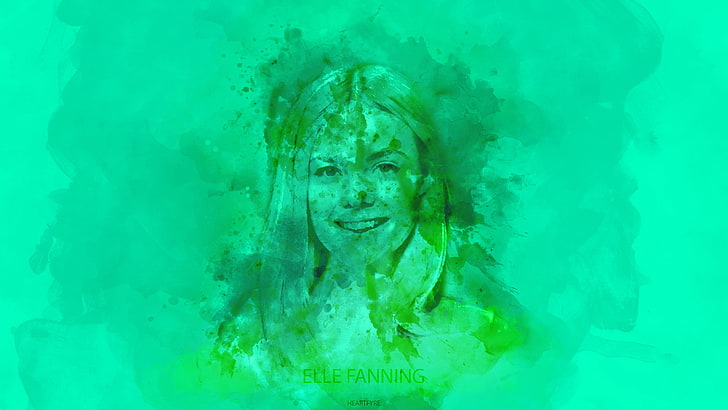 watercolor, Elle Fanning, green, turquoise, portrait, green background, HD wallpaper
