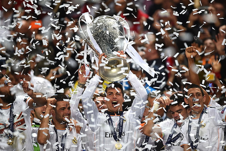 gray trophy, real madrid, champions league, football, people, HD wallpaper